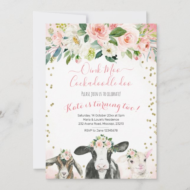 Oink Moo Cockadoodle Doo Girl Birthday Invitation (Front)