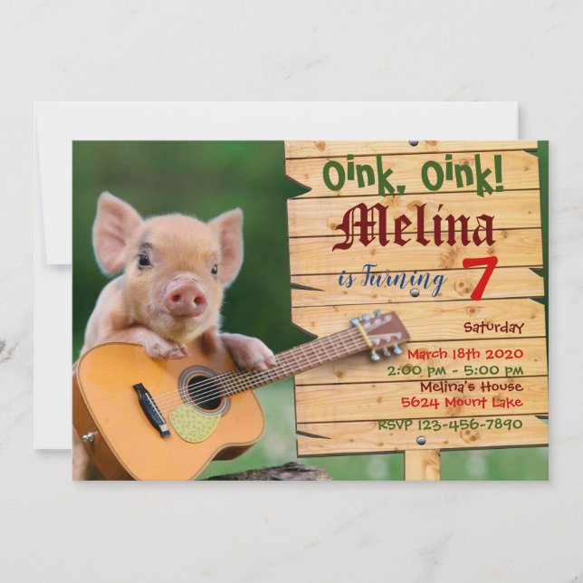 Oink, Oink! guitar pig party invitation (Front)