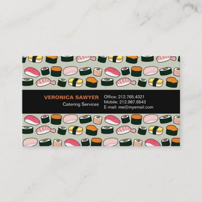 Oishii Sushi Fun Illustrations Pattern (Grey) Business Card (Front)
