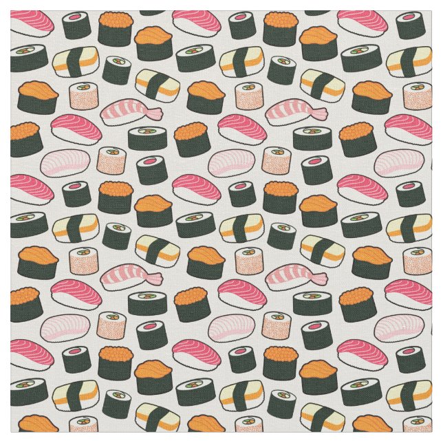 Oishii Sushi Fun Illustrations Pattern (Grey) Fabric (Close Up)
