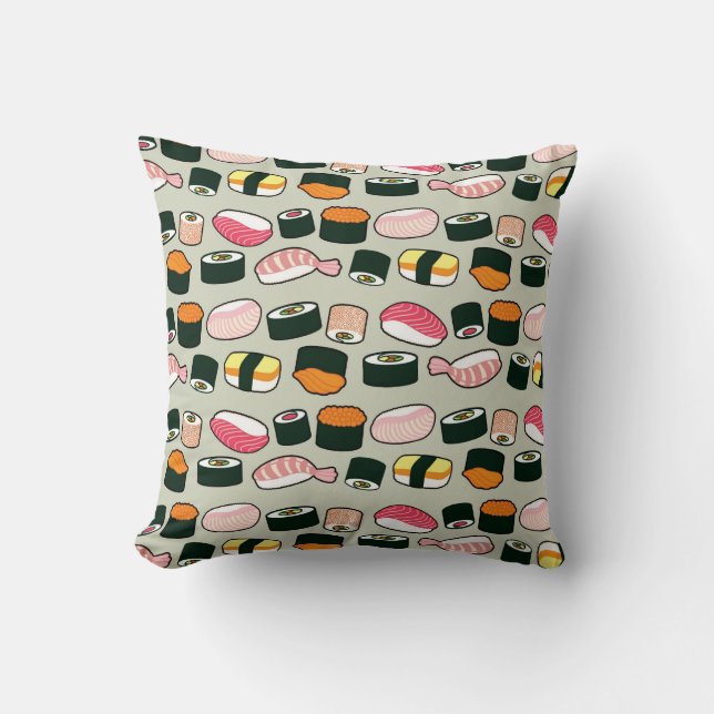 Oishii Sushi Fun Illustrations Pattern (Grey) Throw Pillow (Front)