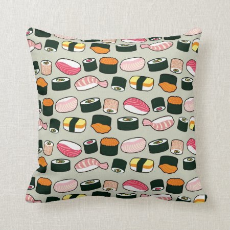 Oishii Sushi Fun Illustrations Pattern (grey) Throw Pillow