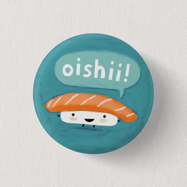 Oishii Sushi | Kawaii Salmon Sashimi Character Button (Front)