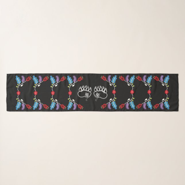 Ojibwe Floral Bear Paws Black Scarf (Front (Horizontal))