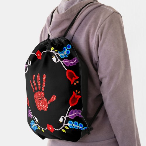 Ojibwe Floral Motif MMIW Black Drawstring Bag