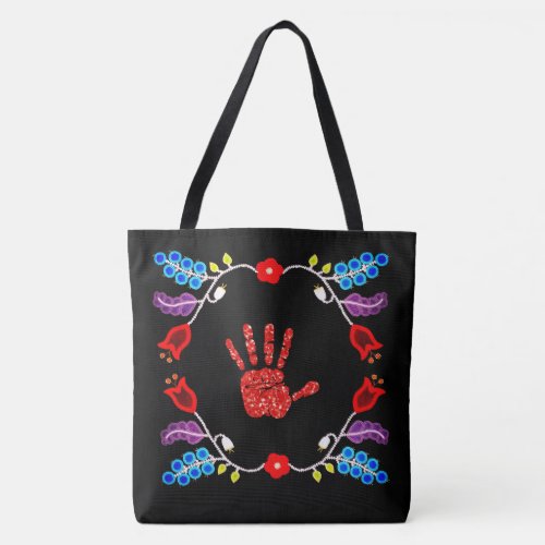 Ojibwe Floral Motif MMIW Black Tote Bag