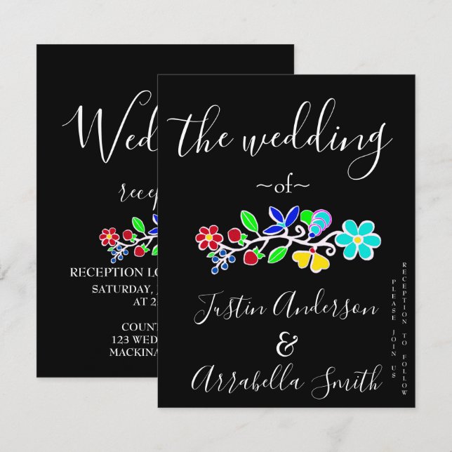 Ojibwe Floral Strawberry Black Wedding Invitation (Front/Back)