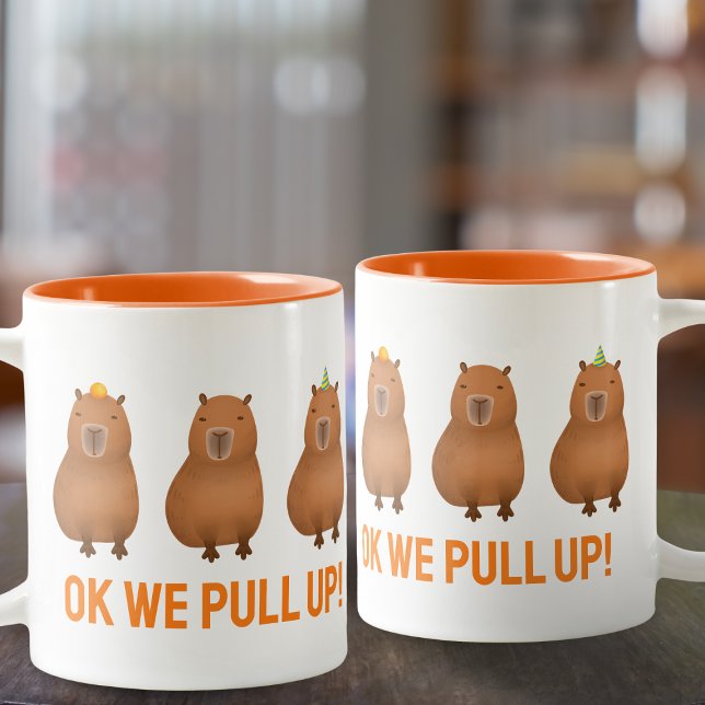 "Ok We Pull Up!" Funny Capybara Meme Two-Tone Coffee Mug (Capybara "Ok we pull up!")