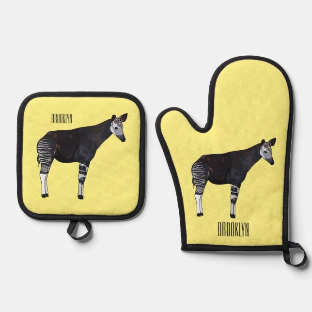 Okapi cartoon illustration oven mitt & pot holder set (Front)