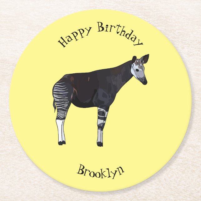 Okapi cartoon illustration round paper coaster (Front)