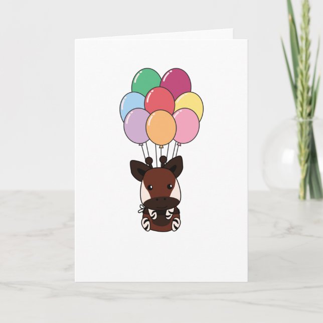 Okapi Flies Up With Colorful Balloons Card (Front)