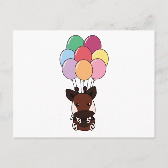 Okapi Flies Up With Colorful Balloons Postcard (Front)