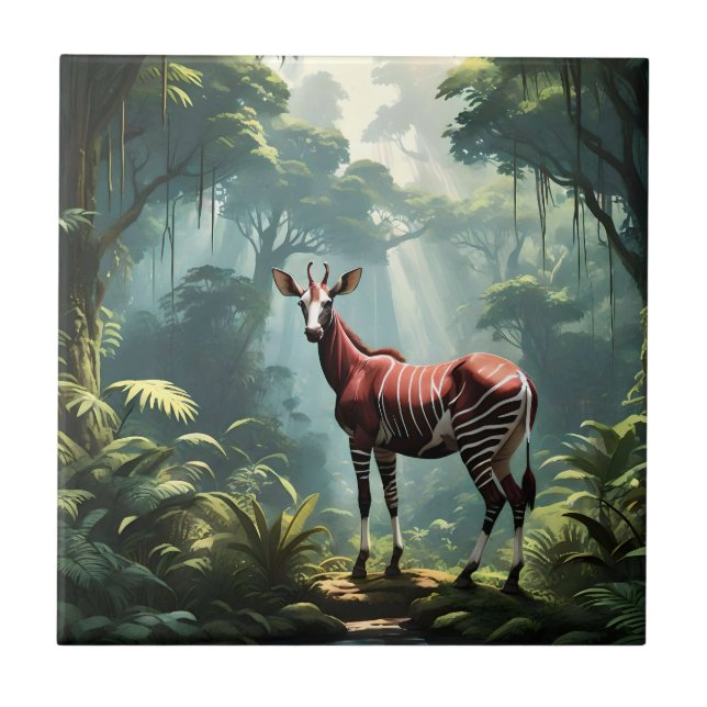 Okapi In The Rainforest, (Zebra Giraffe) Ceramic Tile (Front)