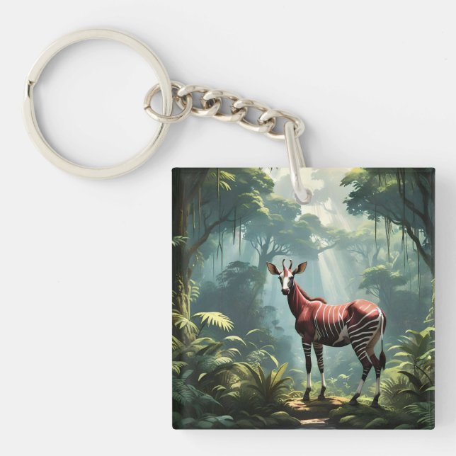 Okapi In The Rainforest, (Zebra Giraffe) Keychain (Front)