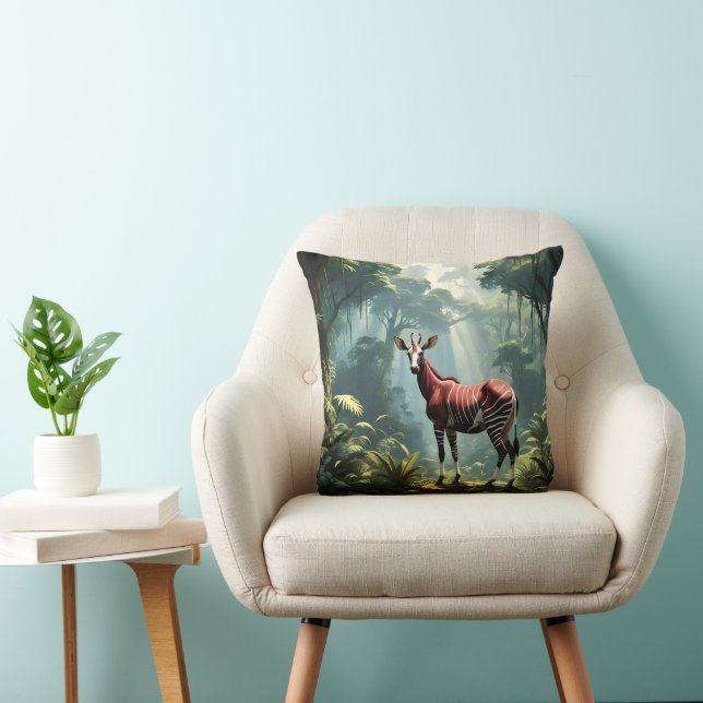 Okapi In The Rainforest, (Zebra Giraffe) Throw Pillow (Chair)