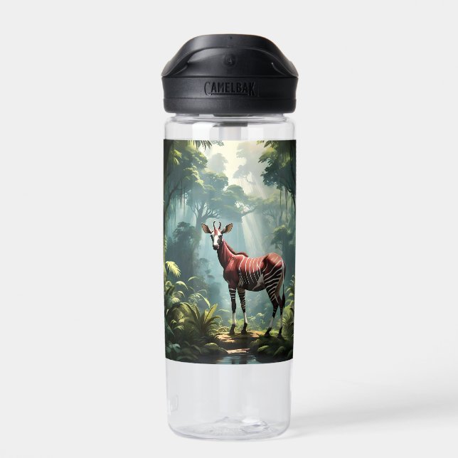 Okapi In The Rainforest, (Zebra Giraffe) Water Bottle (Back)