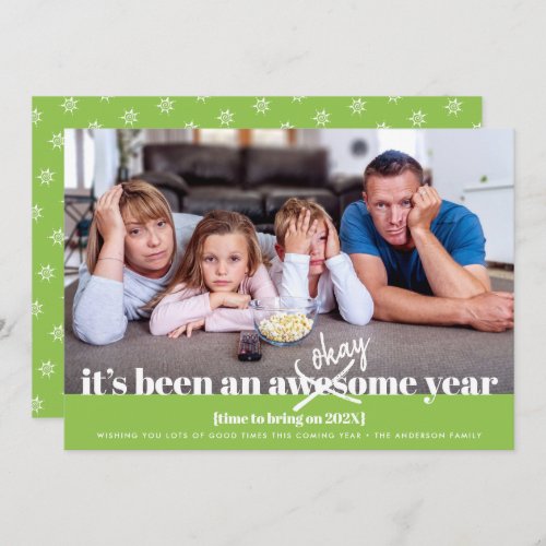 Okay New Year Modern Bold Simple Funny Photo Green Holiday Card