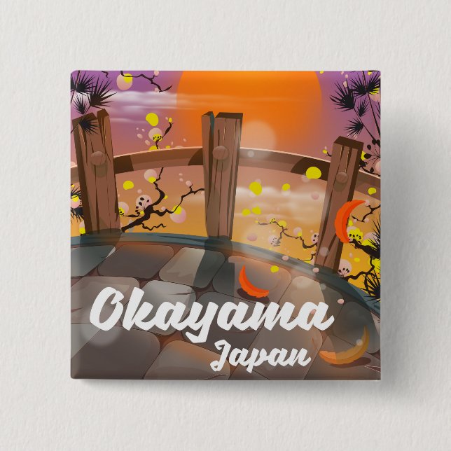 Okayama Japanese blossom poster. Button (Front)