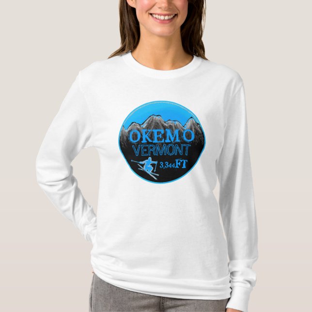 Okemo Vermont teal ski art elevation hoodie T-Shirt (Front)