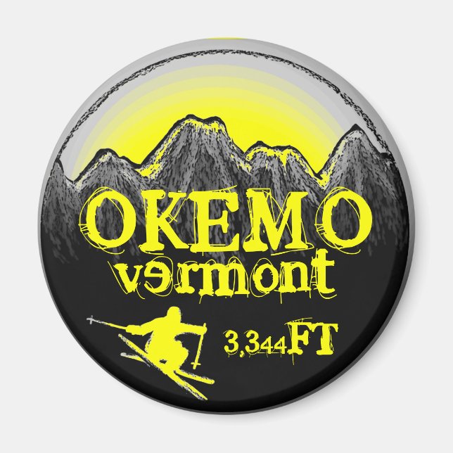 Okemo Vermont yellow ski art elevation magnet (Front)