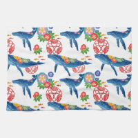 Okianawan bingata style whale pattern kitchen towel