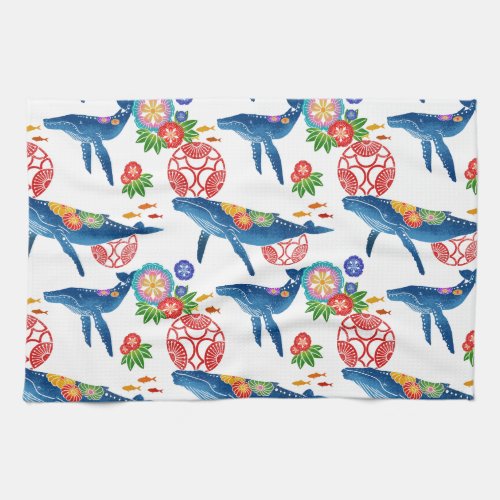 Okianawan bingata style whale pattern kitchen towel