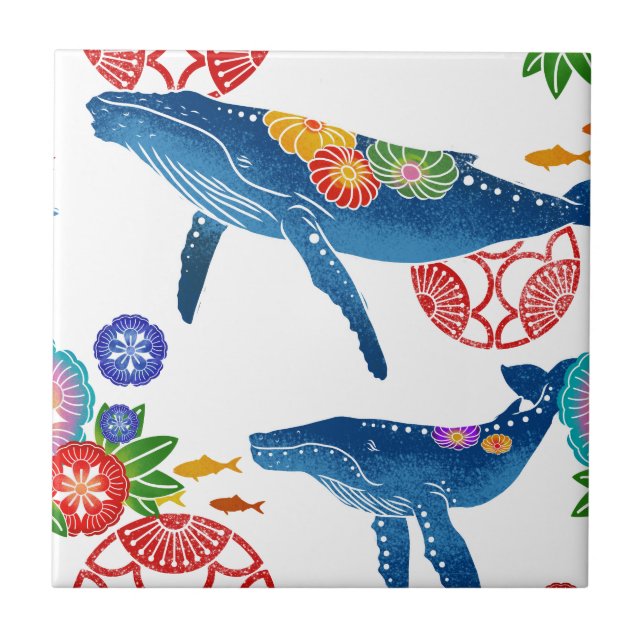 Okianawan bingata style whale pattern tile (Front)