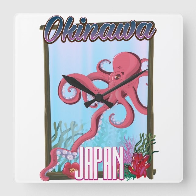 Okinawa Japan Squid travel poster Square Wall Clock (Front)