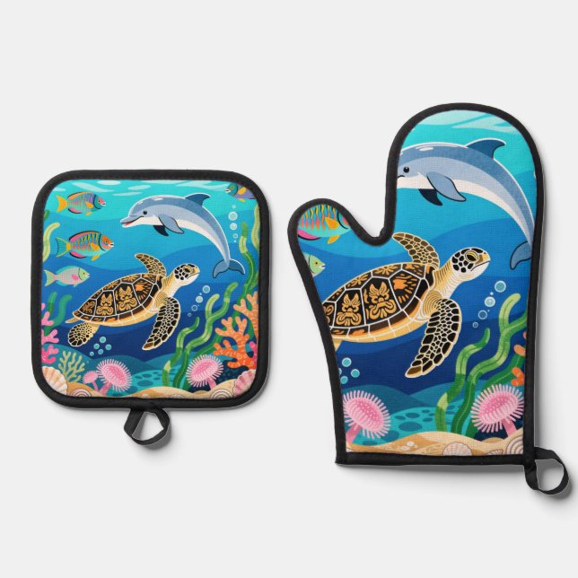 Okinawa Sea Life Oven Mitt & Pot Holder Set (Front)