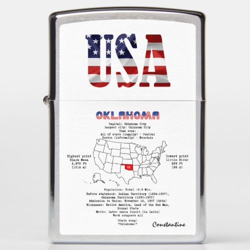 Oklahoma American state on a map and useful info Zippo Lighter