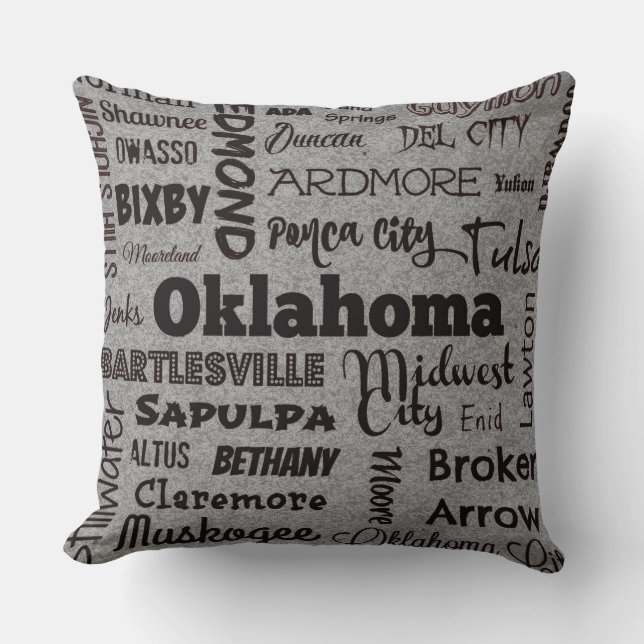Oklahoma cities throw pillow in gray/black (Front)