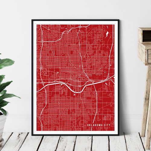 Oklahoma City Map Simple Red Line Map Poster