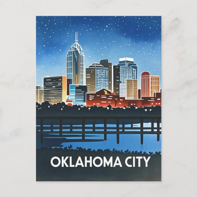 Oklahoma City Night Watercolor Postcard (Front)
