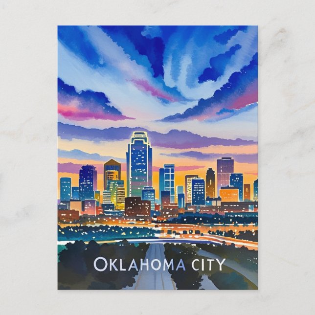 Oklahoma City Night Watercolor Postcard (Front)