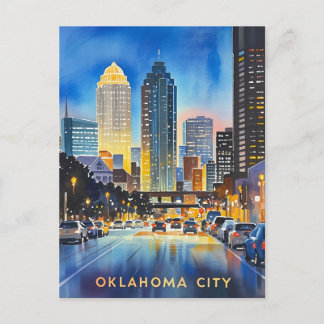Oklahoma City Night Watercolor Postcard