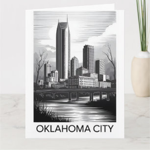 Oklahoma City Oklahoma Skyline Black White Woodcut Card