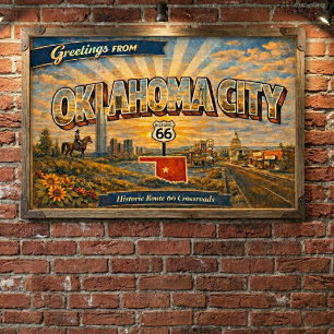 Oklahoma City Vintage Postcard Route 66 Crossroads Poster