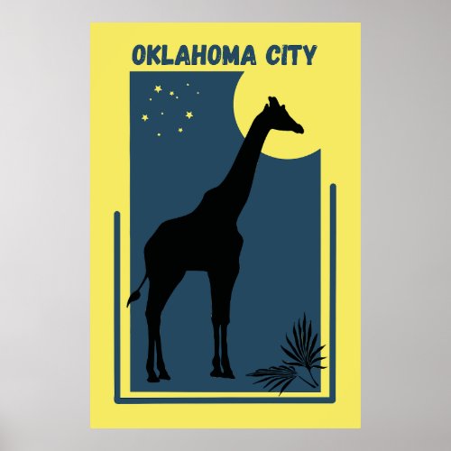 Oklahoma City Zoo Park Vintage Giraffe Yellow Blue Poster