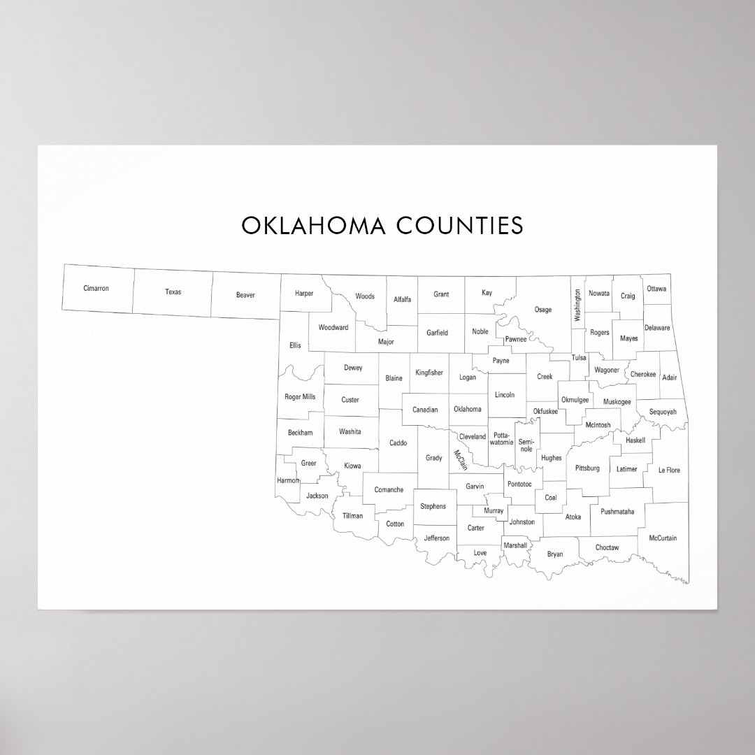 Oklahoma Counties map with county names Poster | Zazzle