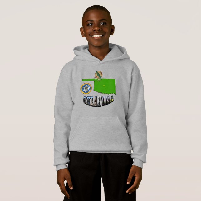 Oklahoma Map Outline, Seal, and Picture Text Hoodie (Front Full)