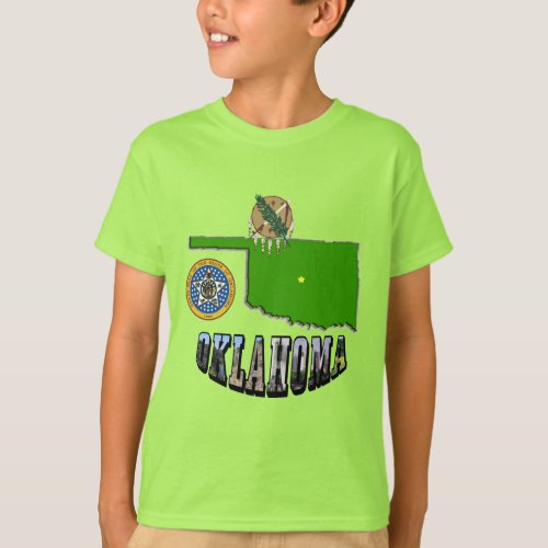 Oklahoma Map Seal and Picture Text Kids T_Shirt