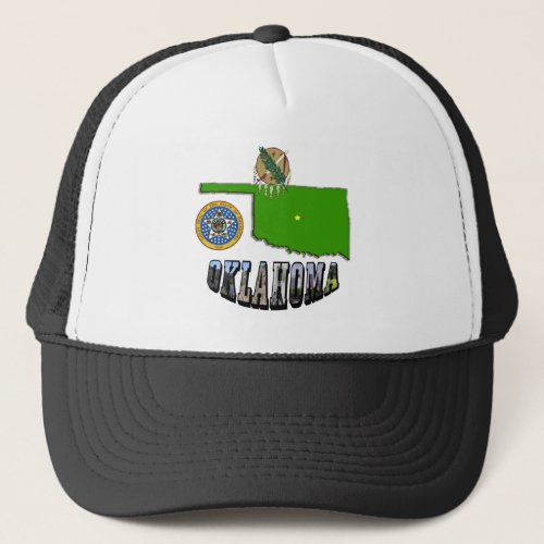 Oklahoma Map seal and Picture Text Trucker Hat