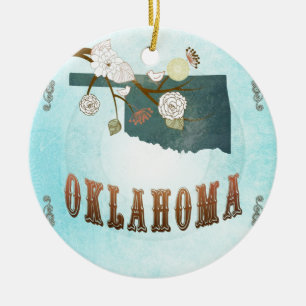 Oklahoma Map With Lovely Birds Ceramic Ornament