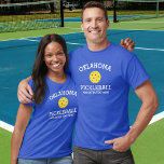 Oklahoma Pickleball Add Club Partner Name Custom T-Shirt<br><div class="desc">Show off your love of Oklahoma pickleball (easily change state name and shirt color) with this awesome pickleball shirt for clubs, teams, partners or everyday court wear. Just add your 3 lines of custom text to make a totally unique pickleball shirt. Great for tournaments, matching club shirts or to give...</div>