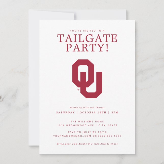 Oklahoma Sooners Tailgate Party Announcement (Front)