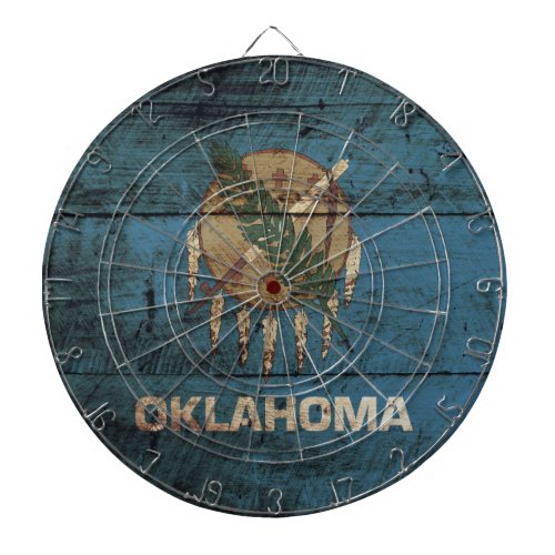 Oklahoma State Flag on Old Wood Grain Dart Board