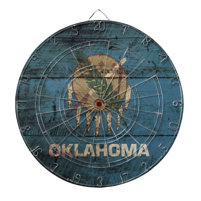 Oklahoma State Flag on Old Wood Grain Dart Board (Front)
