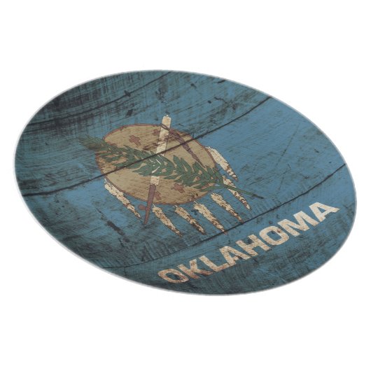 Oklahoma State Flag on Old Wood Grain Dinner Plate (Right Side)
