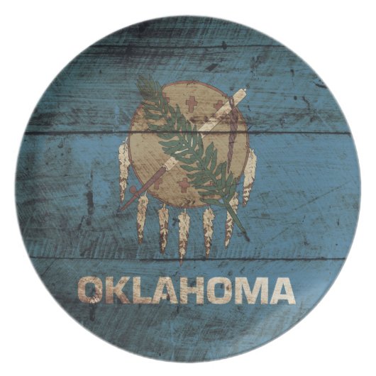 Oklahoma State Flag on Old Wood Grain Dinner Plate (Front)