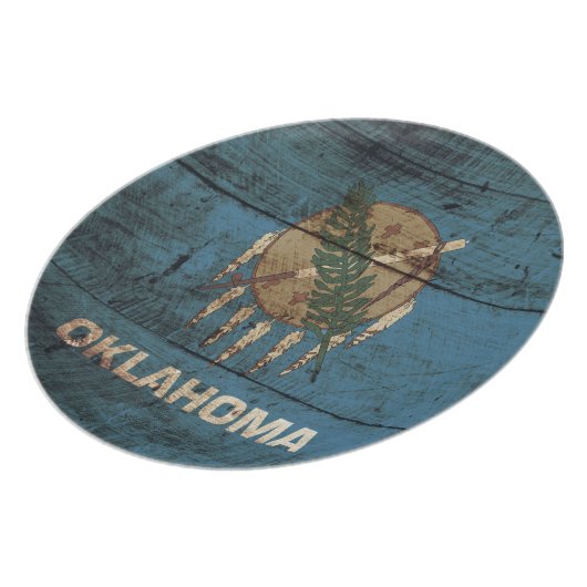 Oklahoma State Flag on Old Wood Grain Dinner Plate (Left Side)